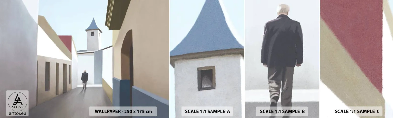 Fotobehang Staaltje Standard Eco - Een zonnige wandeling - Pastel, Gebouwen, Architectuur - 100x30 cm