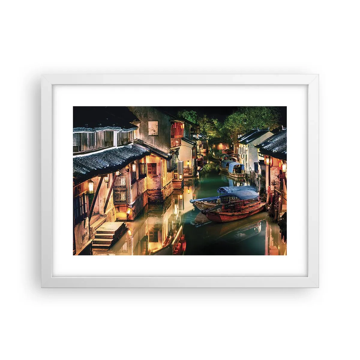 Poster in een witte lijst - Een avond op een Chinese straat - 40x30 cm