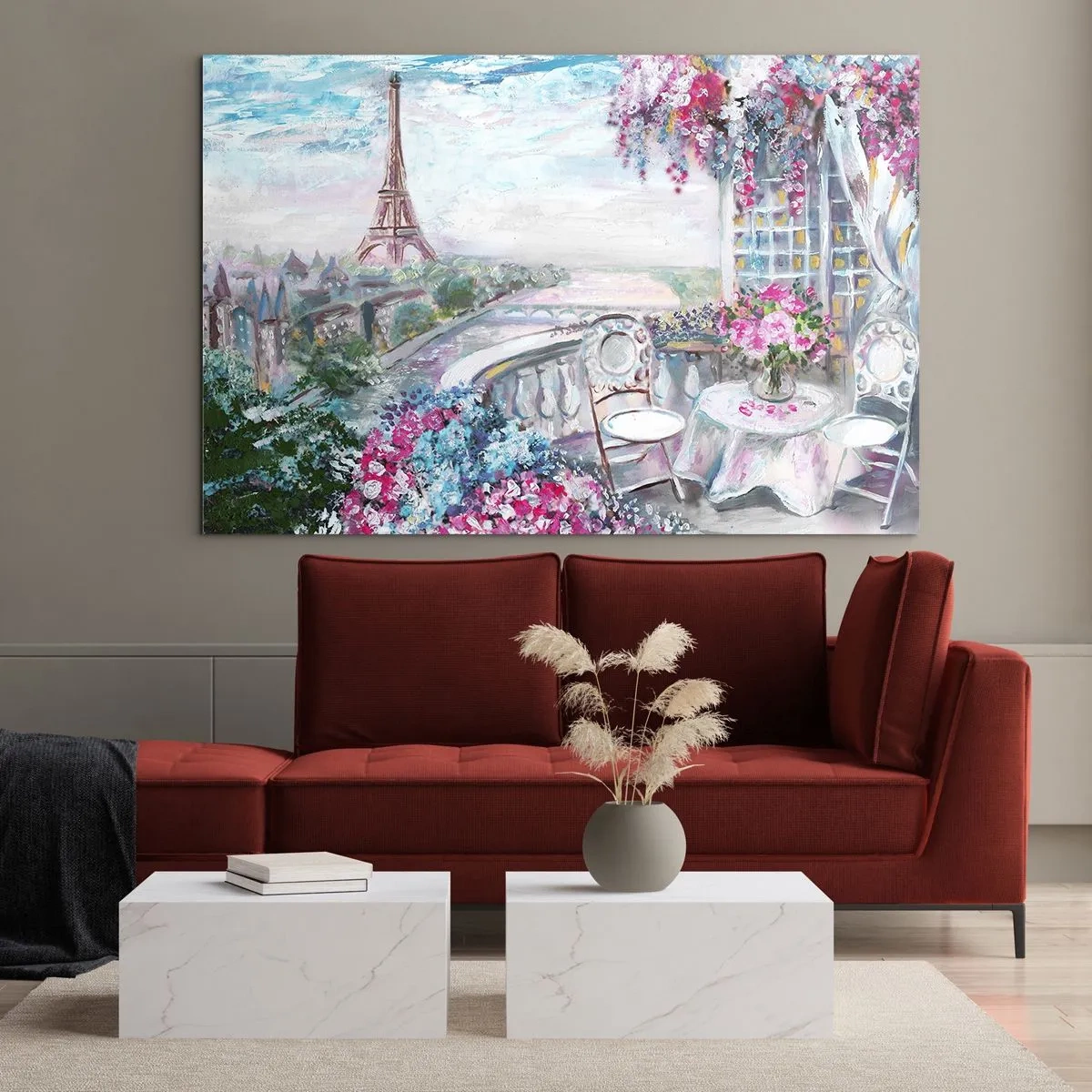 Schilderen op glas - Illustratie van een uitzicht op de Eiffeltoren met een balkon vol bloemen - 70x50cm - Het is hier het mooist in mei - Moderne wanddecoratie voor woonkamer en slaapkamer ARTTOR