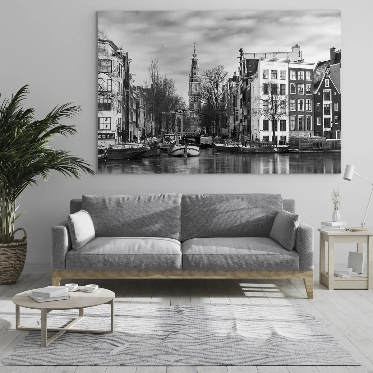 Schilderen op glas - Zwart-witbeeld van een gracht in Amsterdam - 70x50cm - Amsterdamse sferen - Moderne wanddecoratie voor woonkamer en slaapkamer ARTTOR