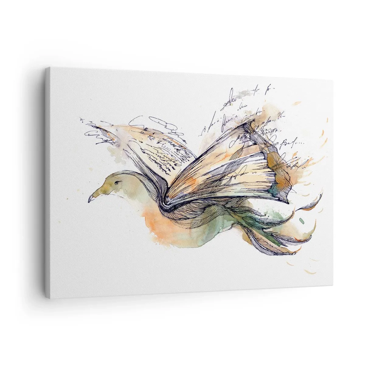 Schilderen op canvas - Artistieke aquarel van een vogel met een boek als vleugels - 70x50cm - Op de vleugels van poëzie - Moderne wanddecoratie voor woonkamer en slaapkamer ARTTOR