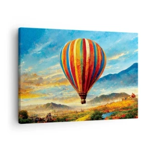 Schilderen op canvas - Een kleurrijke ballon boven een schilderachtig landschap - 70x50cm - In stilte zie je meer - Moderne wanddecoratie voor woonkamer en slaapkamer ARTTOR