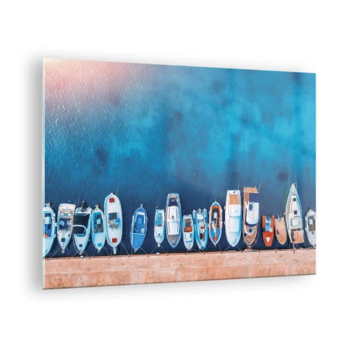 Schilderen op glas - Boten aangemeerd aan de kust, gezien vanuit vogelperspectief - 70x50cm - In één rij - Moderne wanddecoratie voor woonkamer en slaapkamer ARTTOR
