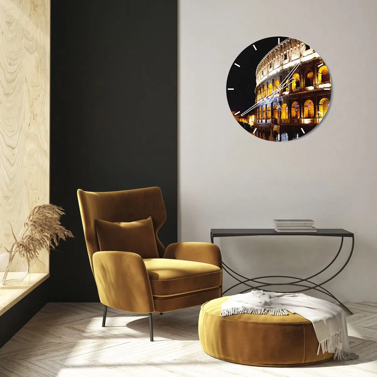 Wandklok - Klok - Het Colosseum verlicht 's nachts tegen een zwarte achtergrond - 30x30cm - Het is tijd om de Olympische Spelen te starten - Moderne wanddecoratie voor woonkamer, keuken en slaapkamer ARTTOR