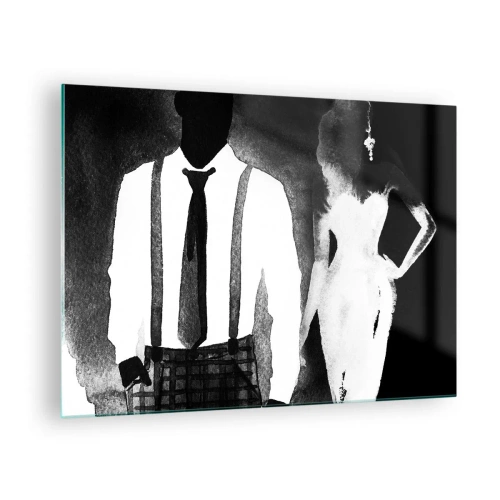 Schilderen op glas - Zwart-wit silhouet van een elegant zwart-witpaar - 70x50cm - In een noir sfeer - Moderne wanddecoratie voor woonkamer en slaapkamer ARTTOR