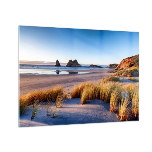Schilderen op glas - Een strand bij zonsopgang met gras en rotsen op de achtergrond en een kalme zee - 70x50cm - Voor rustzoekers - Moderne wanddecoratie voor woonkamer en slaapkamer ARTTOR