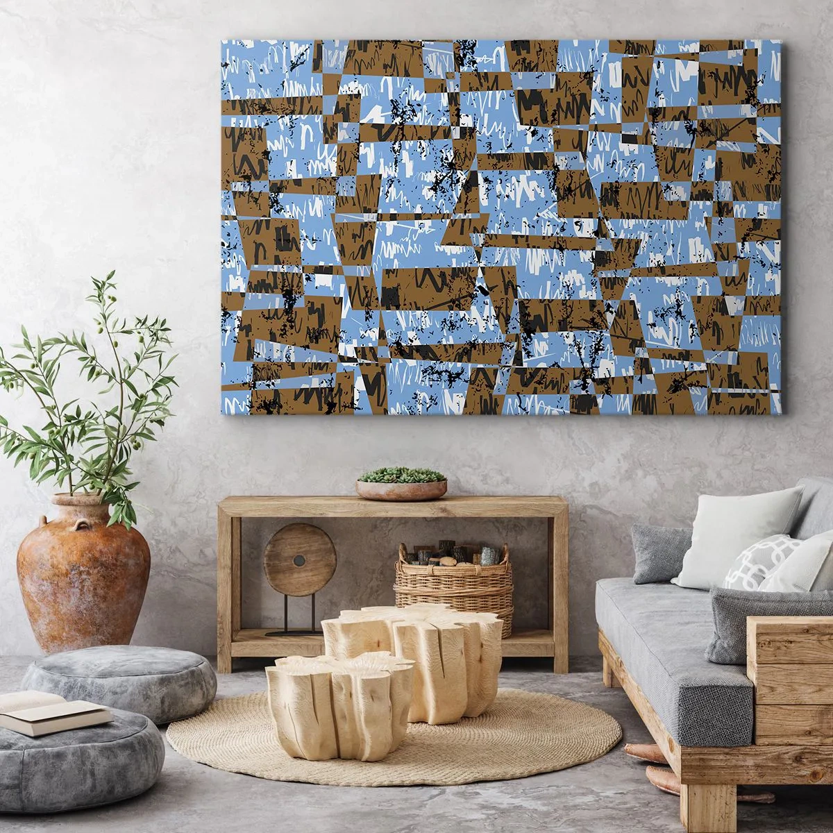 Schilderen op canvas - Een abstracte compositie van rechthoeken in tinten bruin en blauw. - 70x50cm - Een niet-menselijke knipsel - Moderne wanddecoratie voor woonkamer en slaapkamer ARTTOR