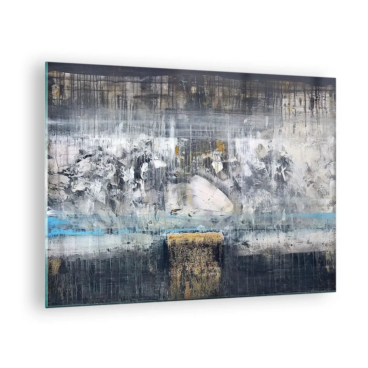 Schilderen op glas - Een abstract landschap, gedomineerd door grijs en blauw. - 70x50cm - Als op ijs, als zo moeizaam - Moderne wanddecoratie voor woonkamer en slaapkamer ARTTOR