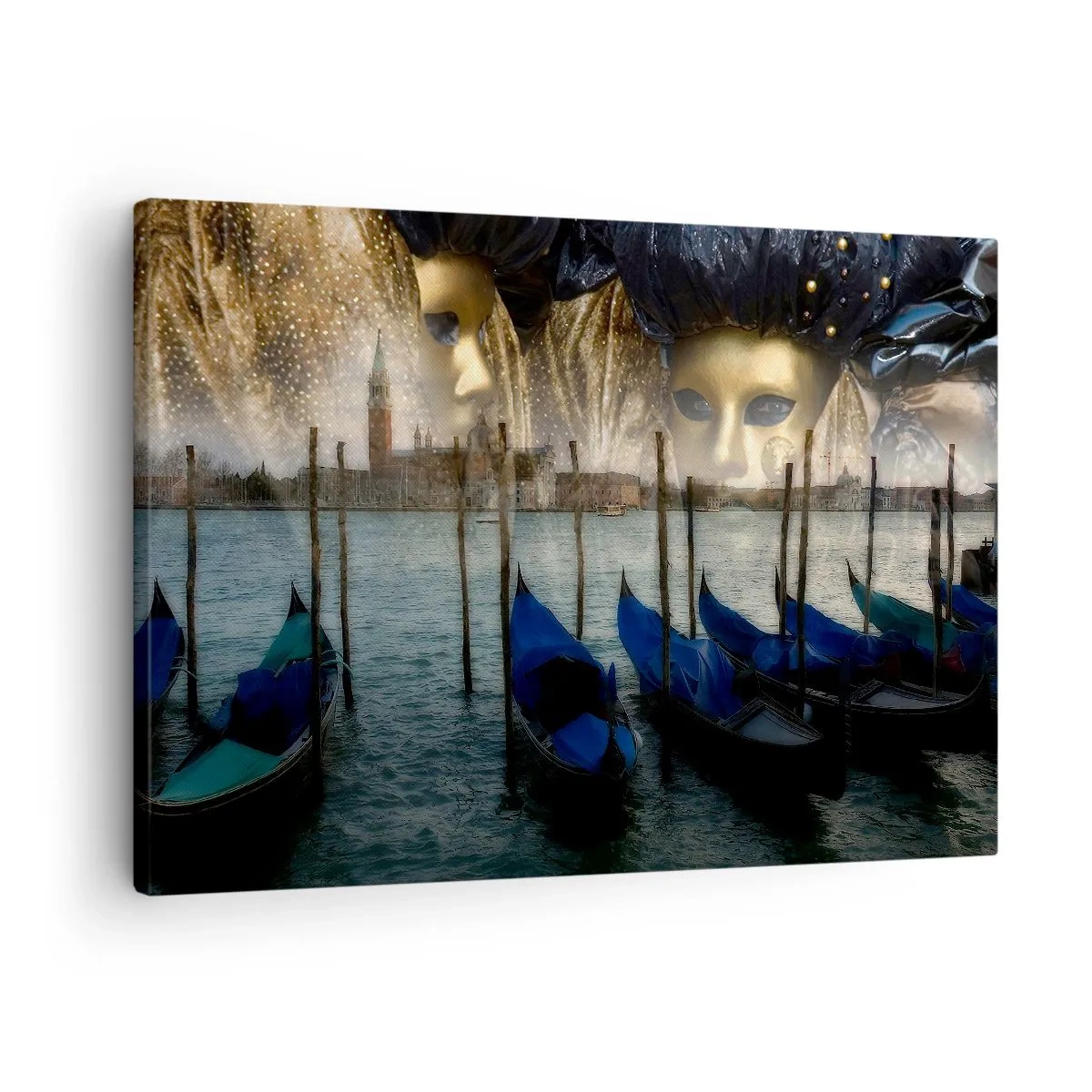 Schilderen op canvas - Venetiaanse carnavalsmaskers en gondels tegen de achtergrond van de stad en het water - 70x50cm - Het is tijd om het carnaval te beginnen - Moderne wanddecoratie voor woonkamer en slaapkamer ARTTOR