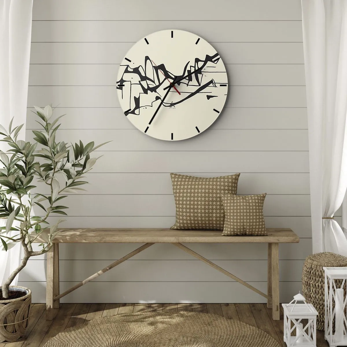 Wandklok - Klok - Abstracte zwarte lijnen op een crèmekleurige achtergrond die op een landschap lijken. - 30x30cm - Misschien een landschap - Moderne wanddecoratie voor woonkamer, keuken en slaapkamer ARTTOR