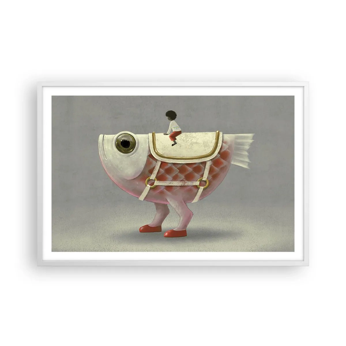 Poster in een witte lijst - Ruiter op een surrealistische vis - 91x61 cm