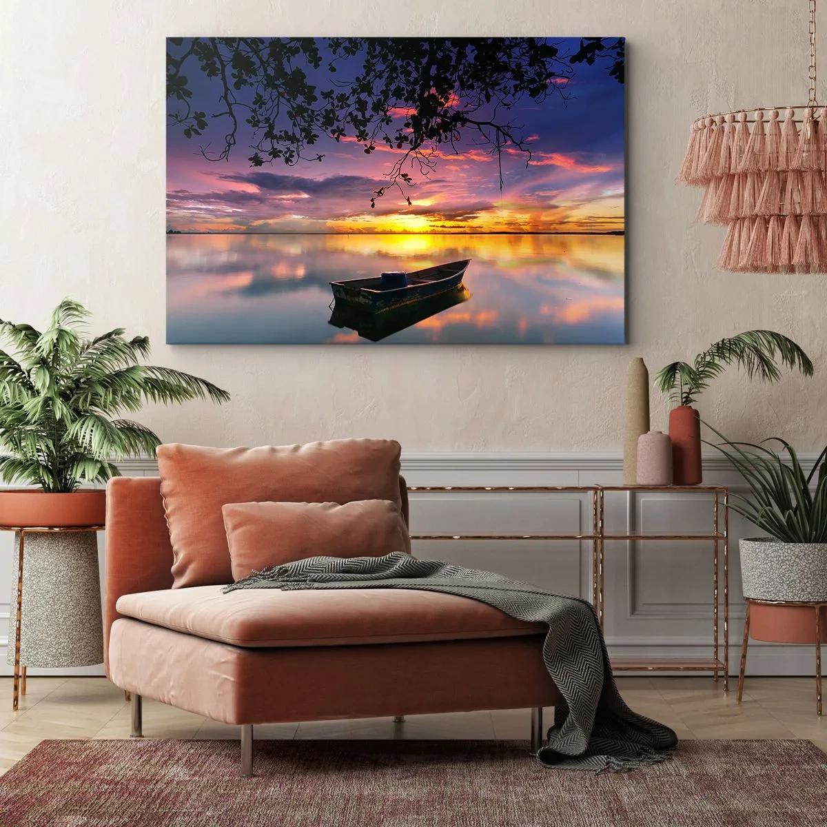 Schilderen op canvas - Een boot op kalm water bij zonsondergang - 70x50cm - "Je lijkt midden in de lucht te hangen..." - Moderne wanddecoratie voor woonkamer en slaapkamer ARTTOR