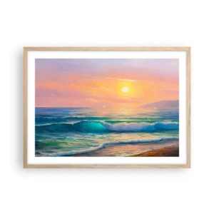 Een poster in een licht eiken lijst - Een turquoise lied van de golven - 70x50 cm