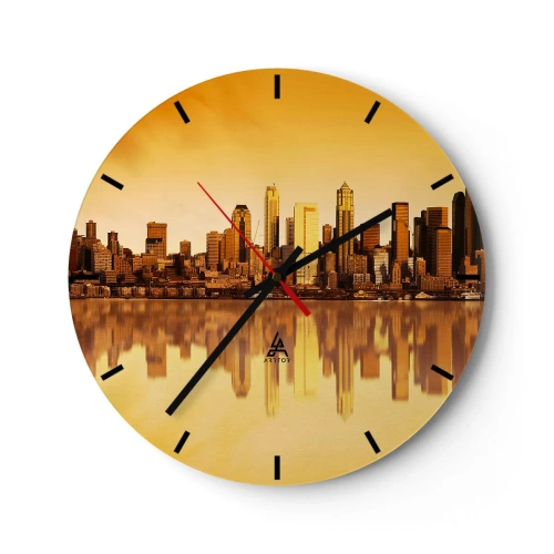 Wandklok - Klok - Stadspanorama weerspiegeld in het water bij zonsondergang - 30x30cm - De stilte van de metropool - Moderne wanddecoratie voor woonkamer, keuken en slaapkamer ARTTOR