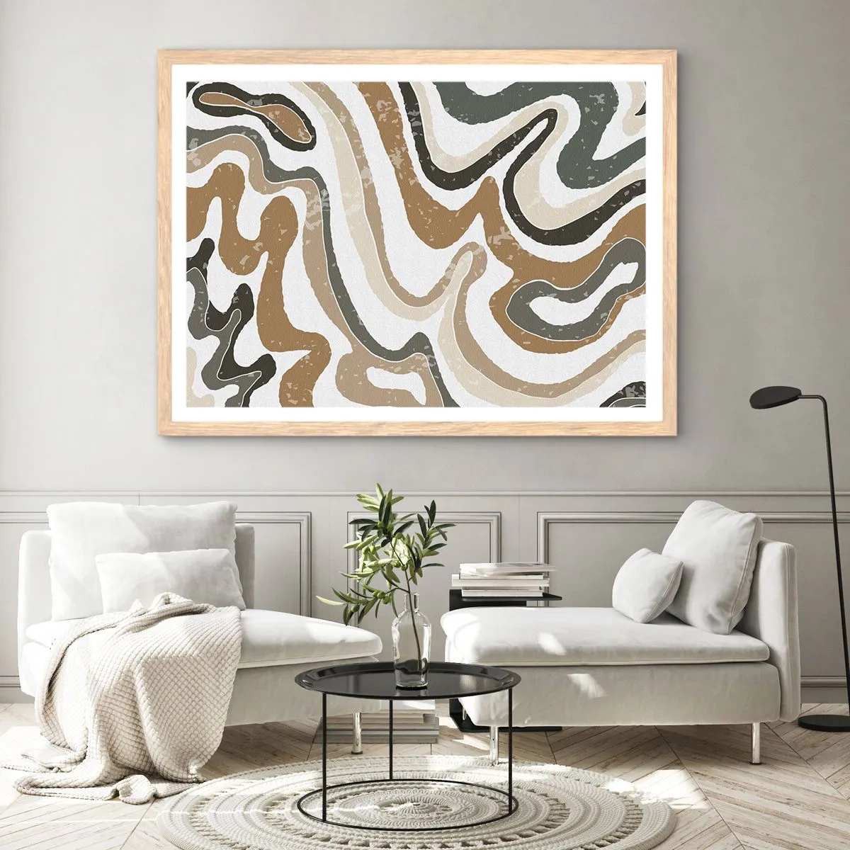 Een poster in een licht eiken lijst - Meanders van aardekleuren - 100x70 cm