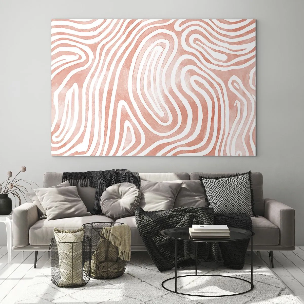 Schilderen op glas - Abstract patroon in witte en koraaltinten - 70x50cm - In het koraallabyrint - Moderne wanddecoratie voor woonkamer en slaapkamer ARTTOR