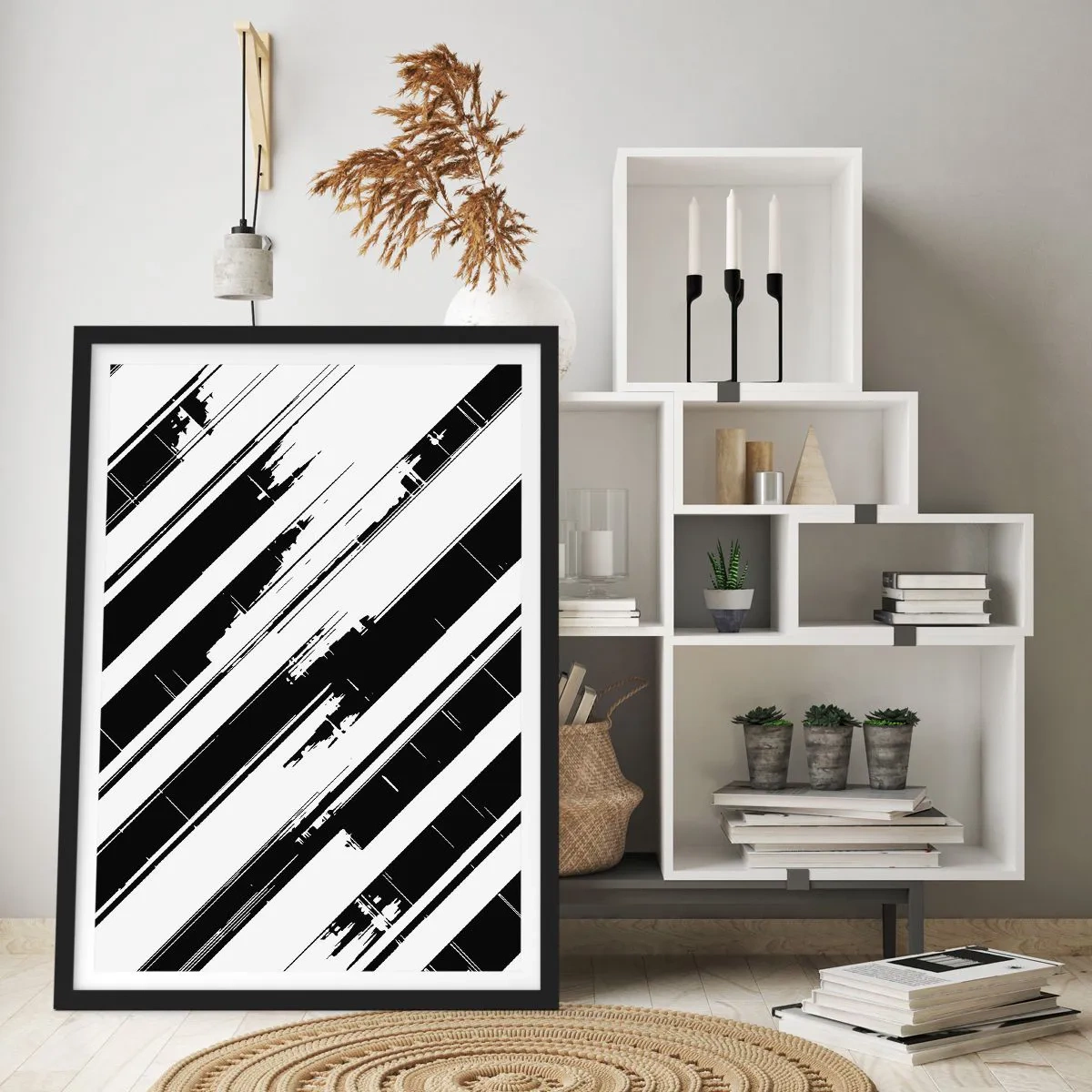 Poster in een zwarte lijst - Minimalistische zwart-wit abstractie met geometrische lijnen - 50x70cm - Een intense en dynamische compositie - Moderne wanddecoratie voor woonkamer en slaapkamer ARTTOR