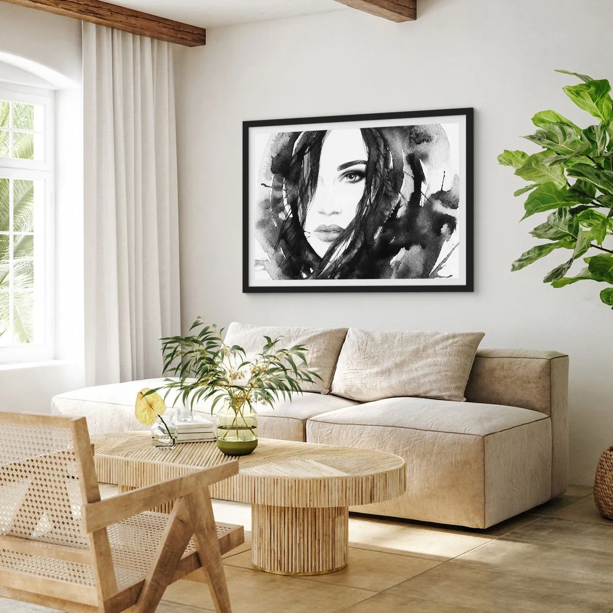 Poster in een zwarte lijst - Portret van een dame in zwart en wit - 100x70 cm