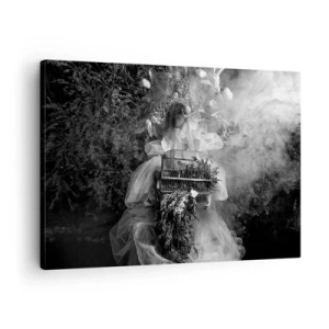 Schilderen op canvas - Een zwart-witcompositie met een figuur in een jurk en een kooi in de mist. - 70x50cm - Moeder zelf - Natuur - Moderne wanddecoratie voor woonkamer en slaapkamer ARTTOR