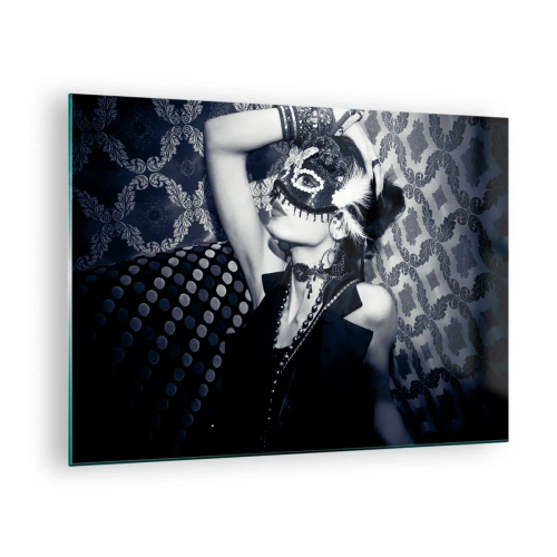Schilderen op glas - Een gemaskerde figuur tegen een gebloemde muur in tinten zwart en wit - 70x50cm - Decoraties, ornamenten, patronen ... - Moderne wanddecoratie voor woonkamer en slaapkamer ARTTOR