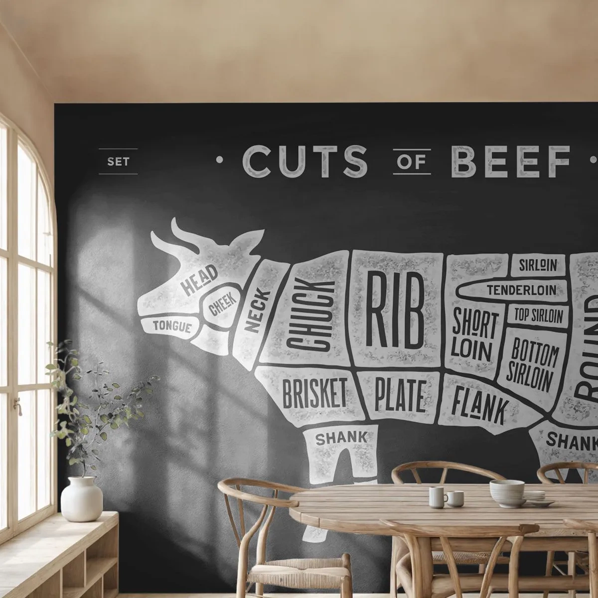 Zelfklevend Fotobehang Deluxe Sticker - Slagers ABC - Gastronomie, Stier, Rundvlees - 250x175 cm