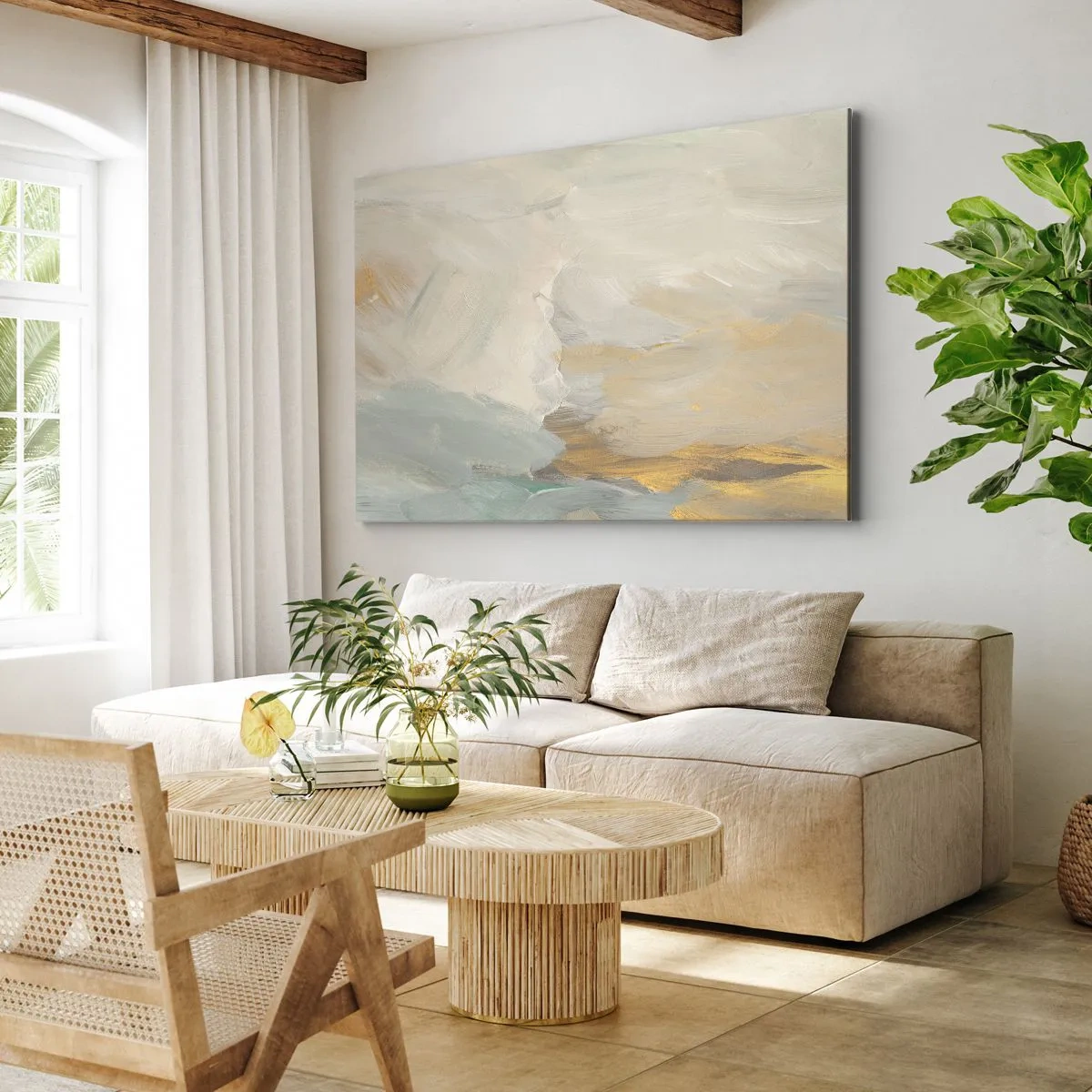 Schilderen op canvas - Fijne abstracte penseelstreken in tinten wit en goud - 70x50cm - Abstractie – het land van zachtheid - Moderne wanddecoratie voor woonkamer en slaapkamer ARTTOR