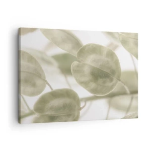 Schilderen op canvas - Een delicaat schilderij van bladeren in pasteltinten groen op een lichte achtergrond. - 70x50cm - In het begin waren er bladeren... - Moderne wanddecoratie voor woonkamer en slaapkamer ARTTOR