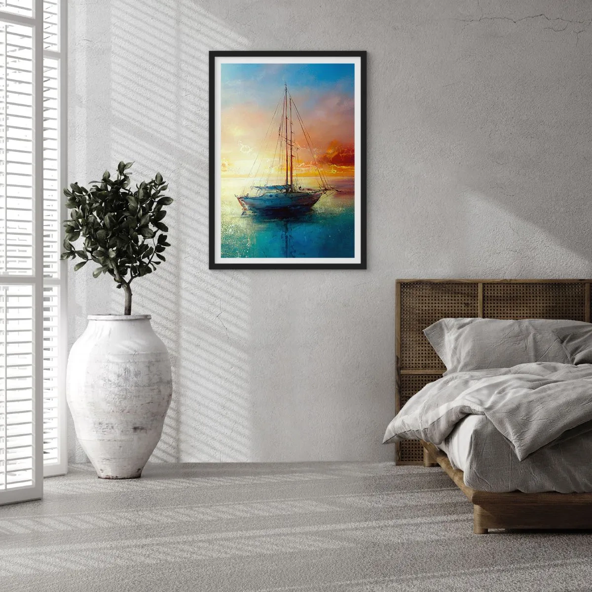 Poster in een zwarte lijst - Een jacht op een kalme zee bij zonsondergang - 50x70cm - In een gouden baai - Moderne wanddecoratie voor woonkamer en slaapkamer ARTTOR