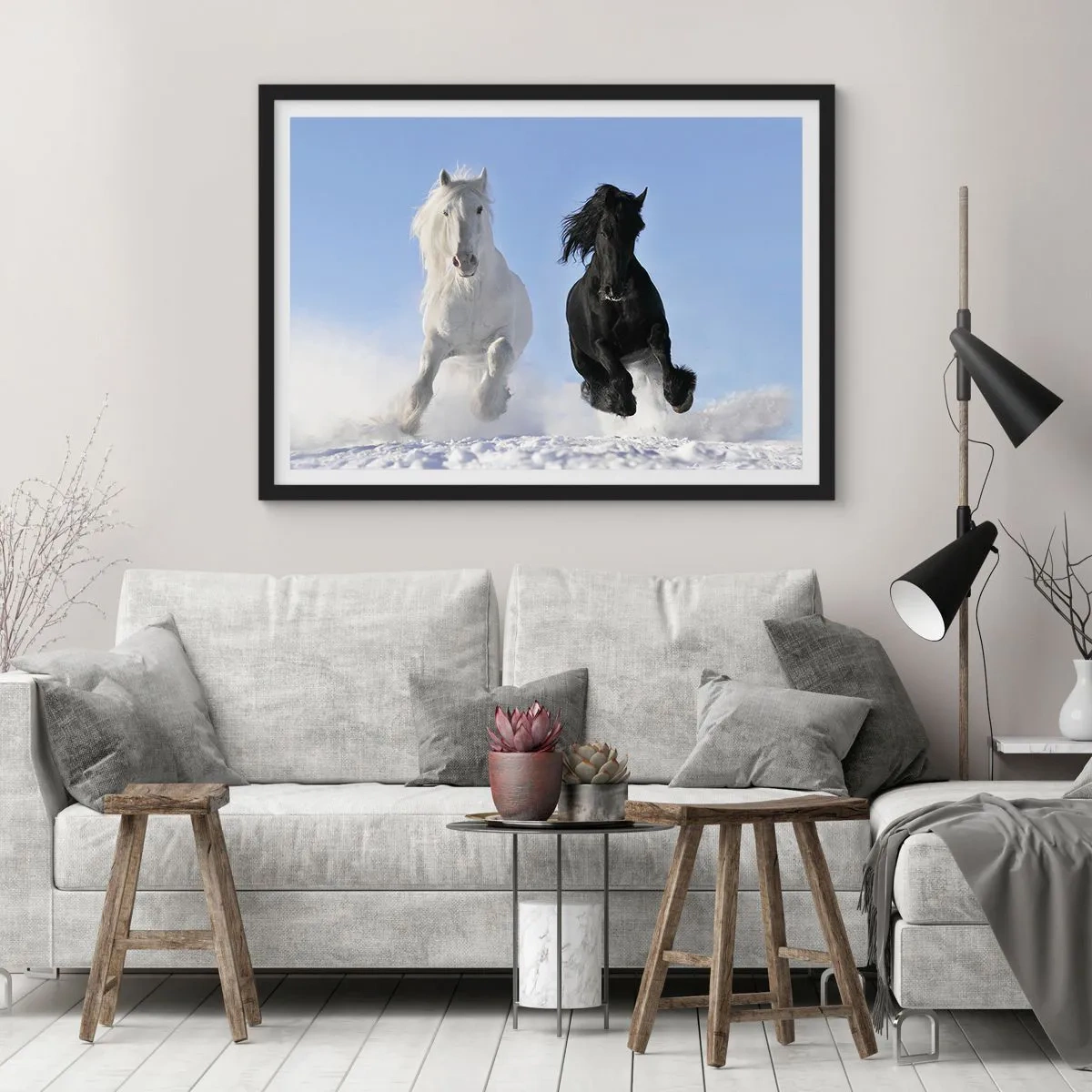 Poster in een zwarte lijst - Zwart-wit galop - 50x40 cm