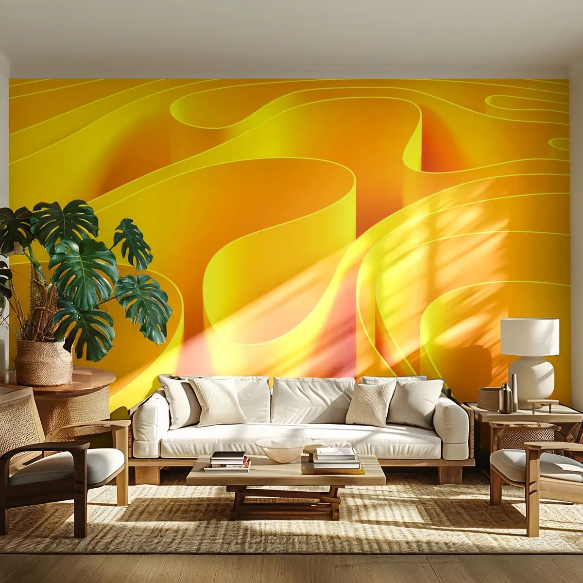 Fotobehang Premium Sand - Als de golven van de zon - 3D, Modern, Lijnen - 100x70 cm