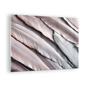 Schilderen op glas - Close-up van pastelkleurige veren in tinten roze en zilver - 70x50cm - In roze zilver - Moderne wanddecoratie voor woonkamer en slaapkamer ARTTOR