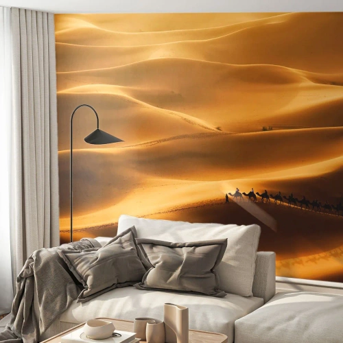 Zelfklevend Fotobehang Deluxe Sticker - Caravan in de woestijngolven - Landschap, Afrika, Woestijn - 250x175 cm