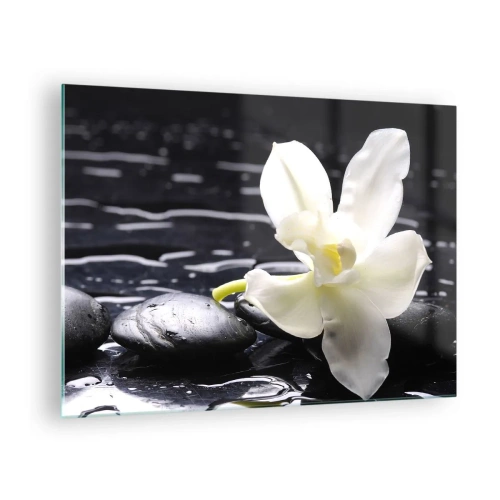 Schilderen op glas - Witte orchidee op natte zwarte stenen - 70x50cm - Een studie in zwart-wit - Moderne wanddecoratie voor woonkamer en slaapkamer ARTTOR