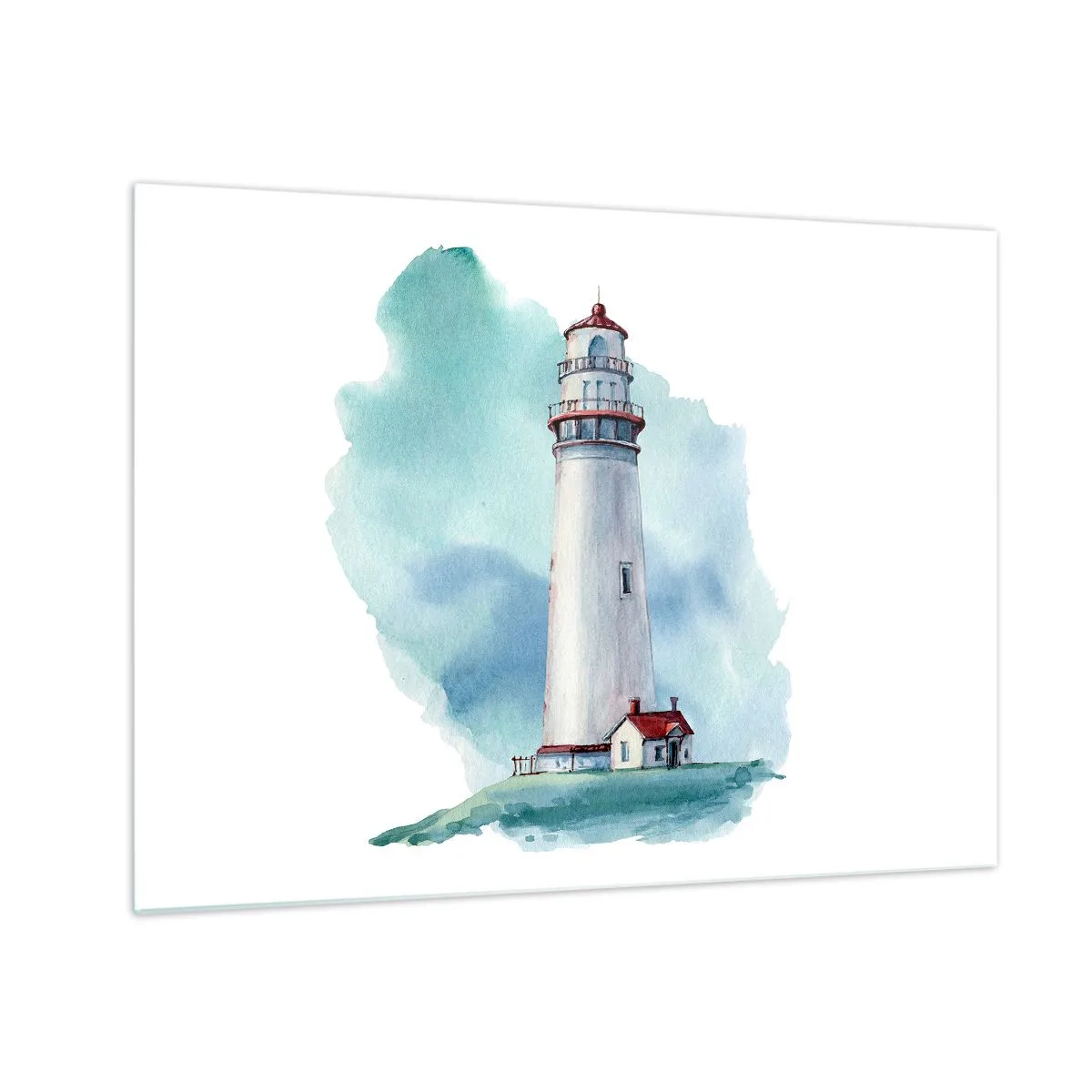 Schilderen op glas - Een vuurtoren tegen een blauwe aquarellucht - 70x50cm - Blue's zachtaardige zus - Moderne wanddecoratie voor woonkamer en slaapkamer ARTTOR
