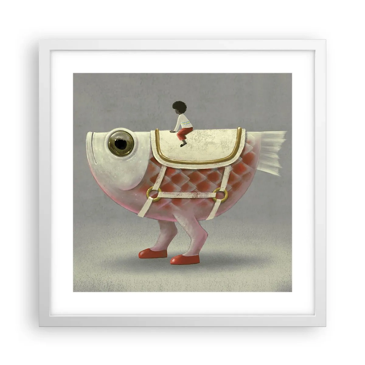 Poster in een witte lijst - Ruiter op een surrealistische vis - 40x40 cm
