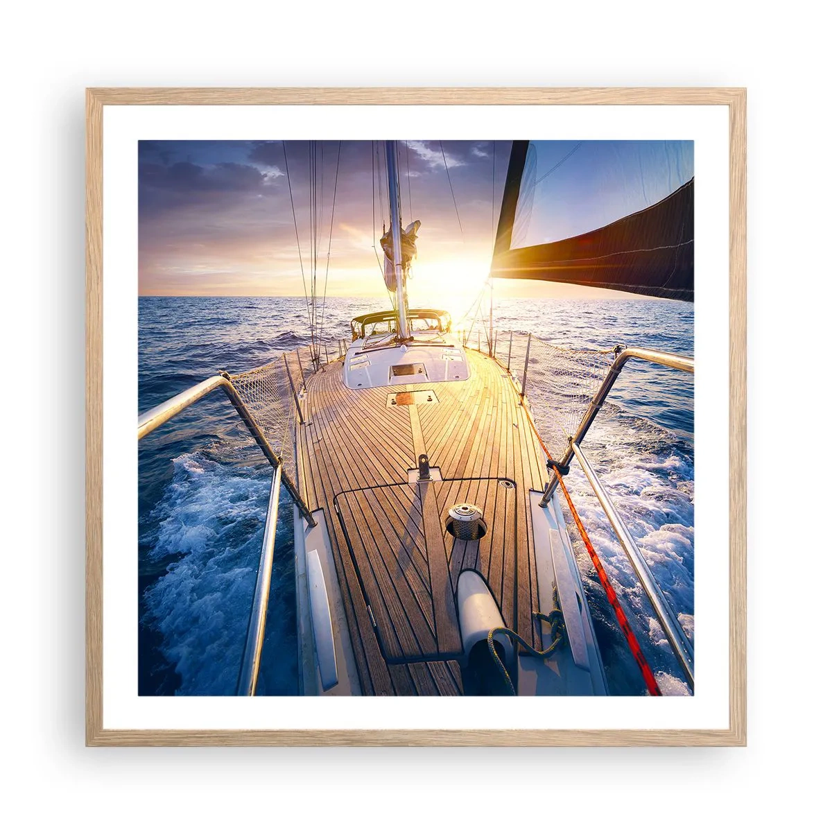 Een poster in een licht eiken lijst - Lopend op de golven - 60x60 cm