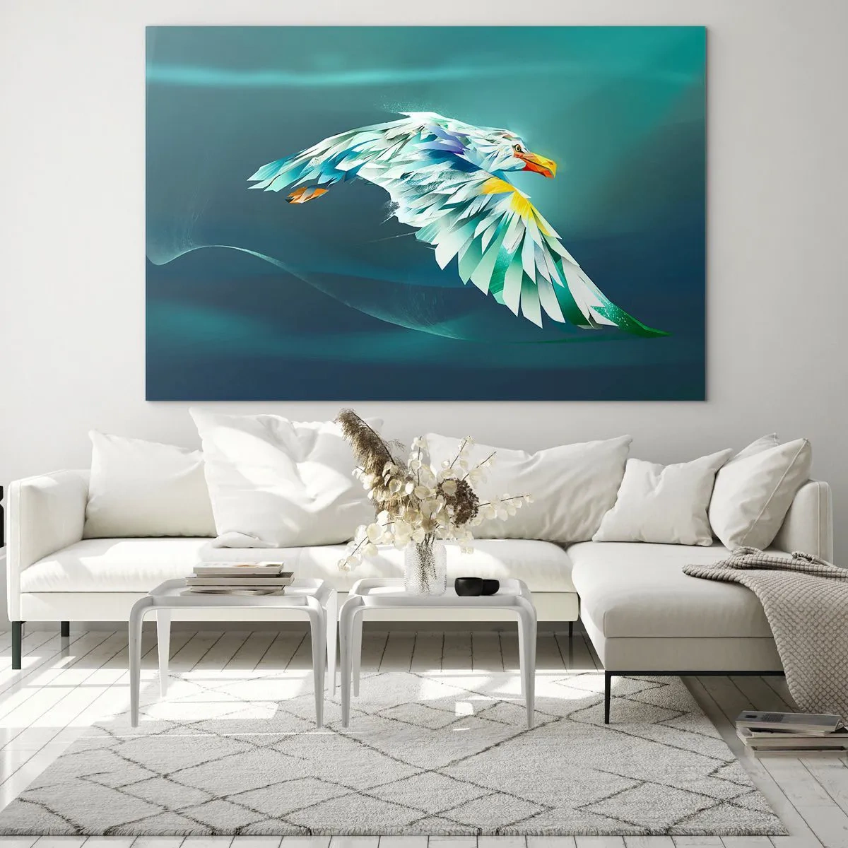 Schilderen op glas - Een abstract beeld van een adelaar in tinten blauw en wit tegen een achtergrond van golven. - 70x50cm - De adelaar van je vluchten is de kracht - Moderne wanddecoratie voor woonkamer en slaapkamer ARTTOR