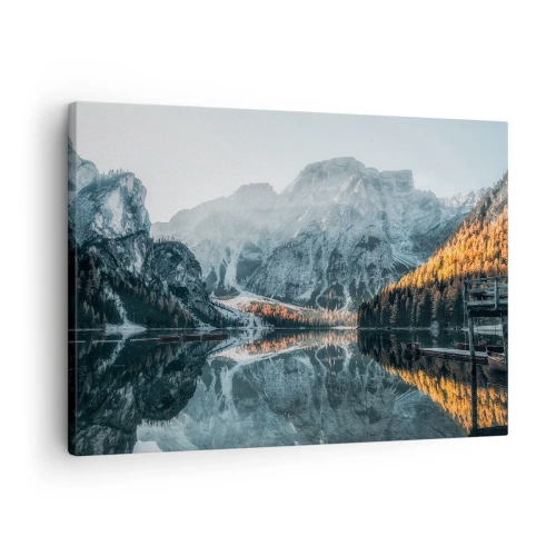 Schilderen op canvas - Een berglandschap weerspiegeld in het kalme oppervlak van een meer - 70x50cm - Spiegel landschap - Moderne wanddecoratie voor woonkamer en slaapkamer ARTTOR