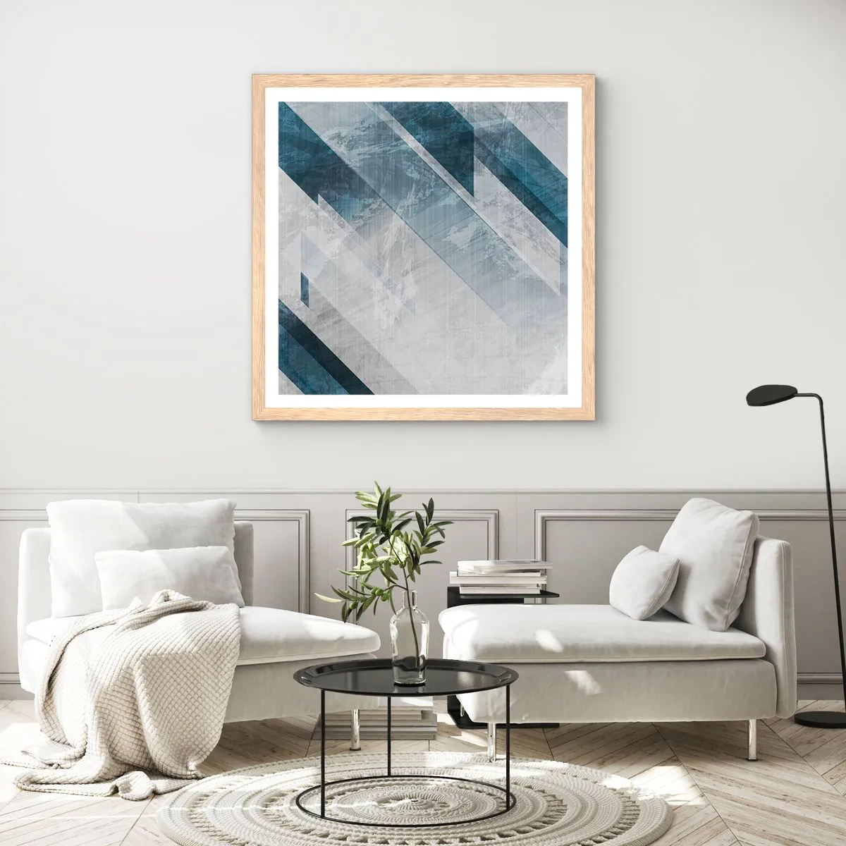 Een poster in een licht eiken lijst - Ruimtelijke compositie - grijze beweging - 60x60 cm