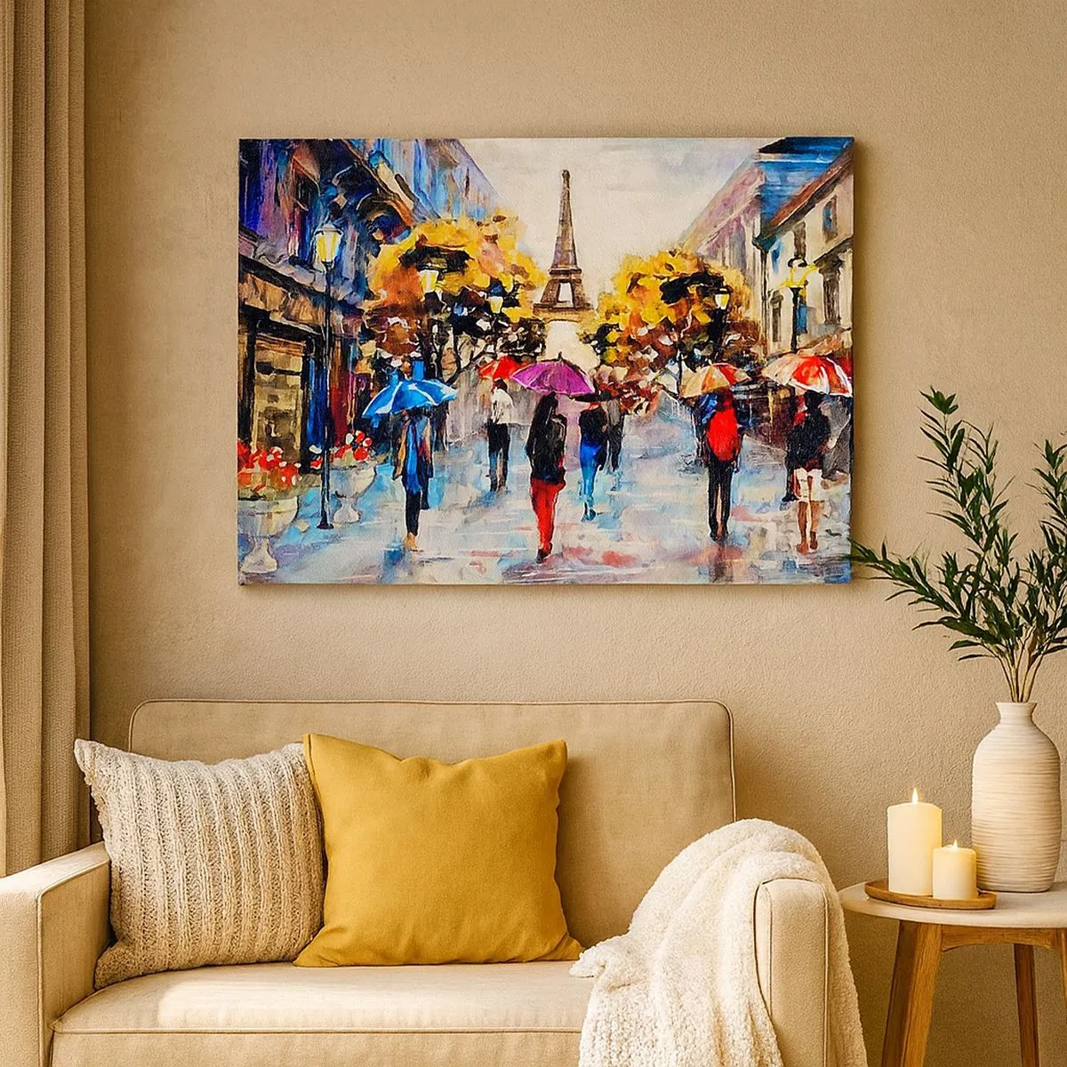 Schilderen op canvas - Een herfstwandeling in Parijs met uitzicht op de Eiffeltoren - 70x50cm - Vooral mooi in de herfst - Moderne wanddecoratie voor woonkamer en slaapkamer ARTTOR