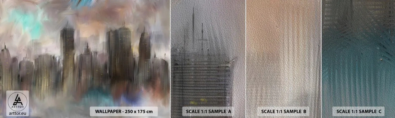 Fotobehang Monster Premium Sand - Een compositie van staal, steen en mist - Stad, Architectuur, Deel - 100x30 cm