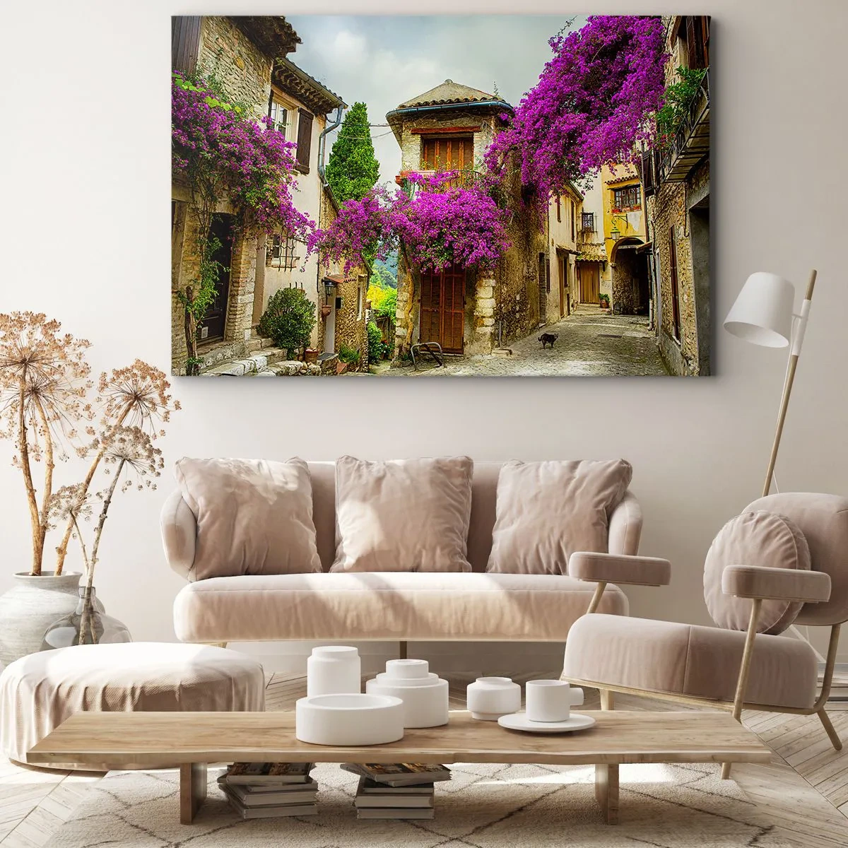 Schilderen op canvas - Een stenen straat met roze bloemen en huizen - 70x50cm - Onder een bloemenluifel - Moderne wanddecoratie voor woonkamer en slaapkamer ARTTOR