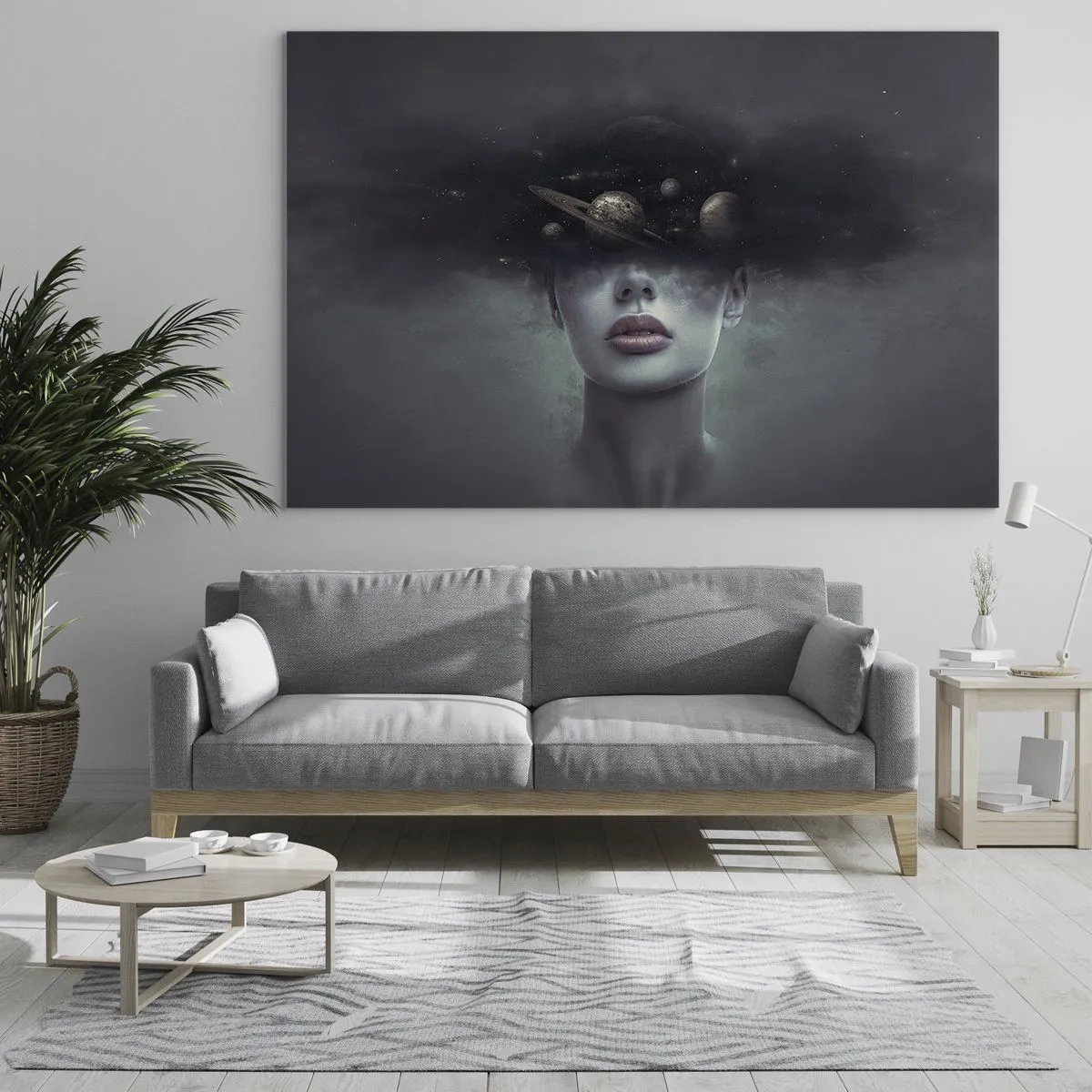 Schilderen op glas - Een vrouw met planeten als hoofd in een surrealistische compositie - 70x50cm - En de planeten worden gek... - Moderne wanddecoratie voor woonkamer en slaapkamer ARTTOR