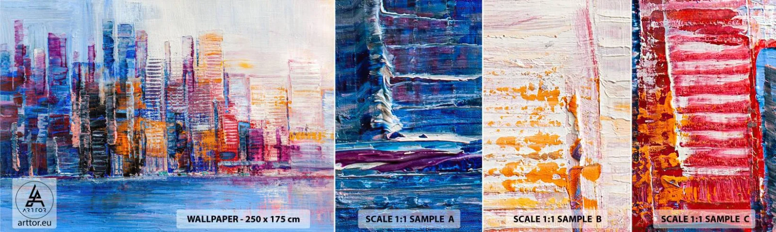 Fotobehang Staaltje Standard Eco - Een vrolijke metropool - Stad, Architectuur, Wolkenkrabbers - 100x30 cm