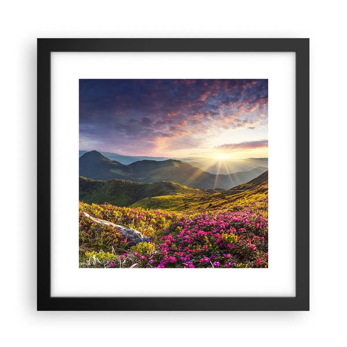 Poster in een zwarte lijst - Frisheid in de ochtend in de bergen - 30x30 cm