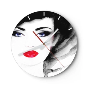 Wandklok - Klok - Portret van een vrouw met rode lippen en intens blauwe ogen - 30x30cm - Hij duwt terug en roept - Moderne wanddecoratie voor woonkamer, keuken en slaapkamer ARTTOR