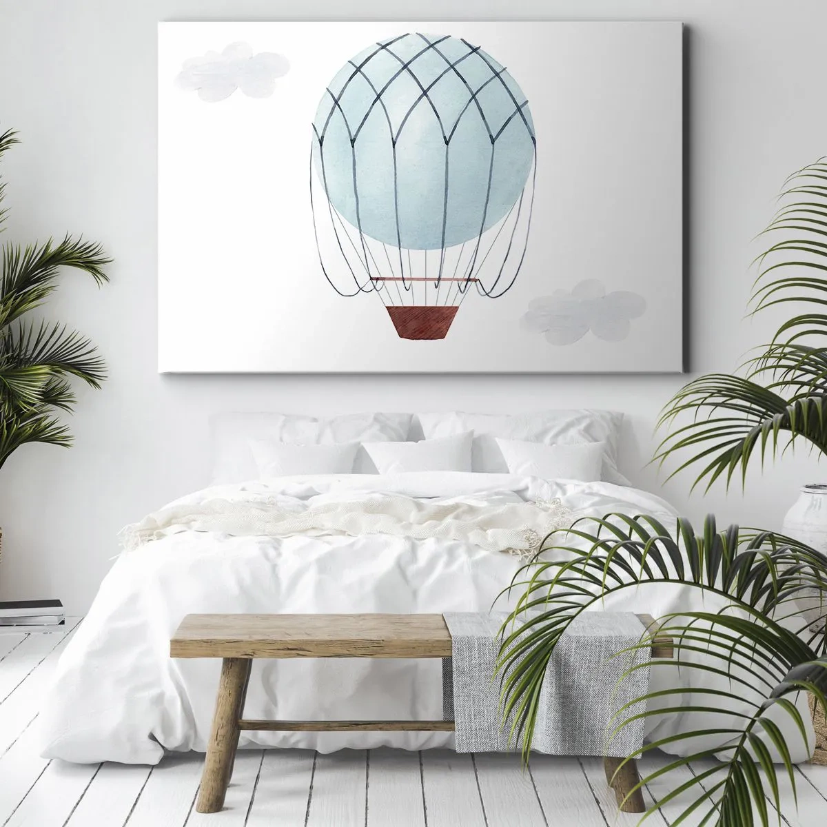 Schilderen op canvas - Een met de hand beschilderde ballon tegen een achtergrond van delicate wolken. - 70x50cm - Hekemaal in de wolken - Moderne wanddecoratie voor woonkamer en slaapkamer ARTTOR