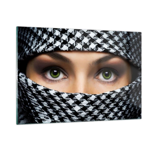 Schilderen op glas - Portret van een gesluierde schoonheid met groene ogen - 120x80 cm
