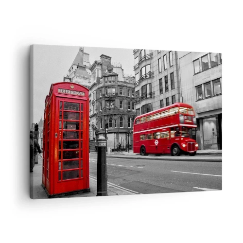 Schilderen op canvas - Een rode telefooncel en een dubbeldekkerbus in Londen met de stad op de achtergrond - 70x50cm - De roodste in Europa - Moderne wanddecoratie voor woonkamer en slaapkamer ARTTOR