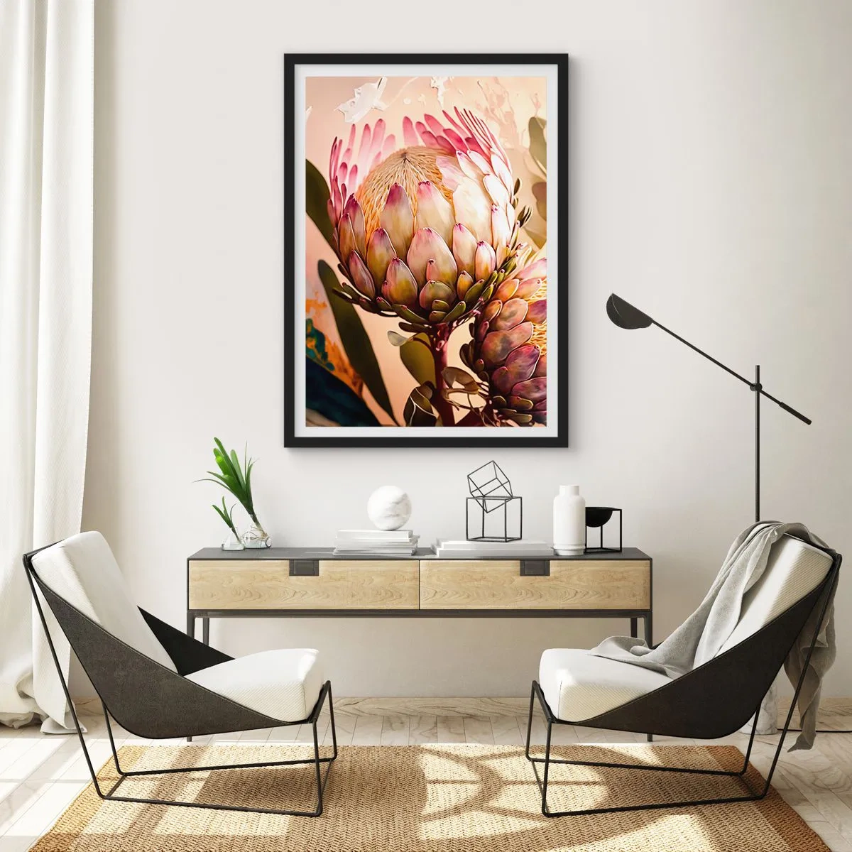 Poster in een zwarte lijst - Close-up van een proteabloem in warme kleuren - 50x70cm - Teeder omarmd - Moderne wanddecoratie voor woonkamer en slaapkamer ARTTOR
